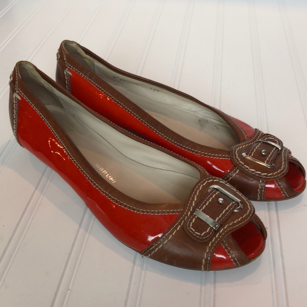 Agl Red and Brown Patent Leather Peep-Toe Flats